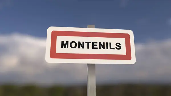 City sign of Montenils. Entrance of the town of Montenils in, Seine-et-Marne, France