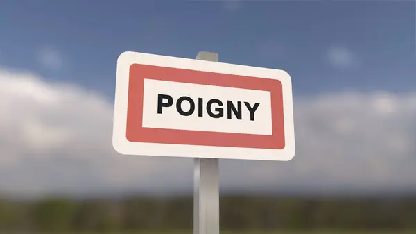 City sign of Poigny. Entrance of the town of Poigny in, Seine-et-Marne, France