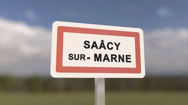 City sign of Saacy-sur-Marne. Entrance of the town of Saacy sur Marne in, Seine-et-Marne, France