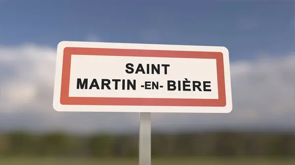 City sign of Saint-Martin-en-Biere. Entrance of the town of Saint Martin en Biere in, Seine-et-Marne, France