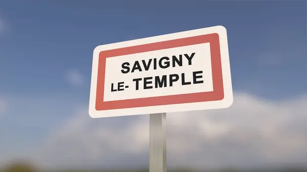 City sign of Savigny-le-Temple. Entrance of the town of Savigny le Temple in, Seine-et-Marne, France