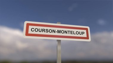 Courson-Monteloup kasaba girişinde bir tabela, Courson Monteloup şehrinin işareti. Belediyeye Giriş.