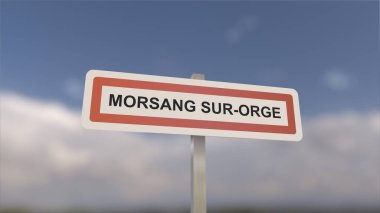 Morsang-sur-Orge kasaba girişinde bir işaret, Morsang sur Orge şehrinin işareti. Belediyeye Giriş.