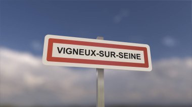 Vigneux-sur-Seine kasaba girişinde bir tabela, Vigneux sur Seine şehri işareti. Belediyeye Giriş.