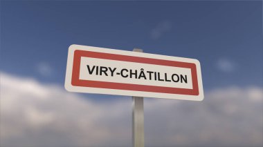 Viry-Chatillon kasabasının girişinde Viry Chatillon şehrinin işareti. Belediyeye Giriş.