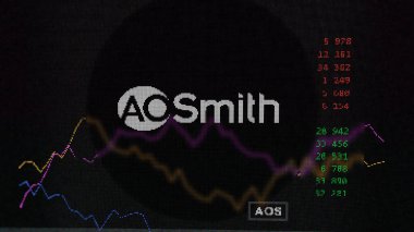 19 Mart 2024. Bir değiş tokuş ekranında A. O. Smith 'in logosu. Bir O Smith hisse senedi, bir cihazda AOS $.