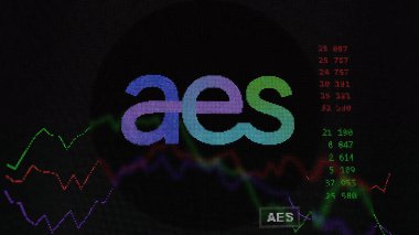 March 19th 2024. The logo of AES Corporation on the screen of an exchange. AES Corporation price stocks, $AES on a device. clipart