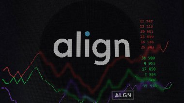19 Mart 2024. Align Teknoloji 'nin logosu bir değiş tokuş ekranında. Teknoloji fiyat hisselerini hizala, bir aygıta ALGN $.