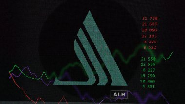 19 Mart 2024. Bir değiş tokuş ekranında Albemarle Şirketi 'nin logosu. Albemarle Şirketi hisse senetleri, ALB $bir aygıt üzerinde.