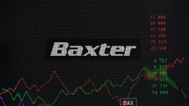 19 Mart 2024. Baxter International 'ın logosu bir değiş tokuş ekranında. Baxter Uluslararası Fiyat Hisseleri, cihaza BAX $.