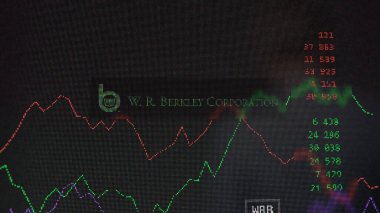 19 Mart 2024. Berkley 'in logosu bir değiş tokuş ekranında. Berkley hisse senetleri, bir cihaza WRB $.