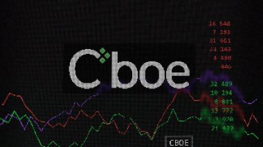 19 Mart 2024. Değişim ekranında Cboe Global Market 'in logosu. Cboe Global Market hisse senetleri, CBOE $bir aygıt üzerinde.