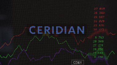 19 Mart 2024. Takas ekranındaki Ceridian logosu. Ceridian hisse senetleri, cihaza Cday $.