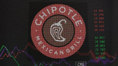 19 Mart 2024. Bir değiş tokuş ekranında Meksika usulü ızgara logosu. Meksika usulü Chipotle Grill hisse senetleri, bir cihaza CMG $.