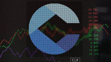 19 Mart 2024. Takas ekranındaki Clorox logosu. Clorox fiyat hisseleri, bir aygıta CLX $.