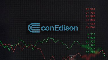 19 Mart 2024. Consolidated Edison 'un logosu bir değiş tokuş ekranında. Birleştirilmiş Edison hisse senetleri, bir aygıt için ED $.