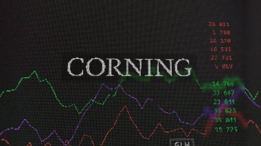 19 Mart 2024. Corning A.Ş. 'nin logosu bir değiş tokuş ekranında. Corning Inc. Fiyat hisseleri, bir aygıtta GLW $.
