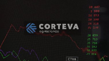 19 Mart 2024. Takas ekranında Corteva 'nın logosu. Corteva hisse senetleri, bir cihaza CTVA $.