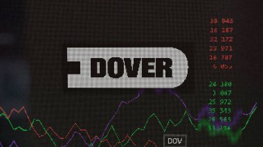 19 Mart 2024. Takas ekranında Dover Şirketi 'nin logosu. Dover Şirketi hisse senetleri, cihazda DOV $.