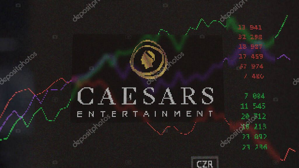 March 19th 2024. The logo of Caesars Entertainment on the screen of an exchange. Caesars Entertainment price stocks, $CZR on a device.