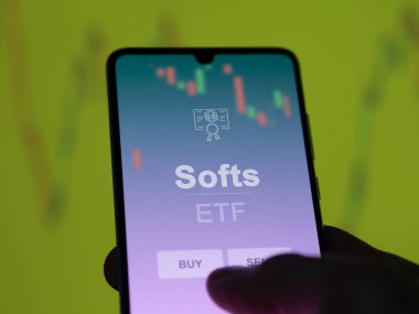 Bir yatırımcı ekrandaki yumuşak etf fonunu analiz ediyor. Bir telefon Softs 'ın fiyatlarını gösterir