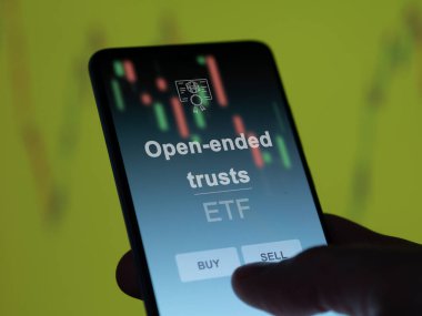 Açık uçlu vakıf fonunu perdede analiz eden bir yatırımcı. Açık uçlu fonların fiyatlarını gösteren bir telefon