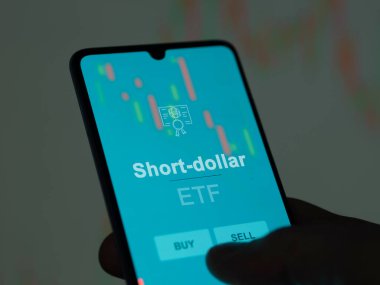 Ekrandaki kısa vadeli etf fonunu analiz eden bir yatırımcı. Kısa doların fiyatlarını gösteren bir telefon
