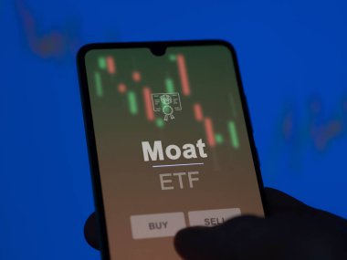 Hendek fonunu ekranda analiz eden bir yatırımcı. Hendeğin fiyatlarını gösteren bir telefon