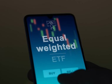 Ekranda eşit ağırlıkta etf fonunu analiz eden bir yatırımcı. Eşit ağırlıklı telefon fiyatlarını gösterir