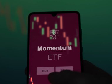 Ekrandaki momentum fonunu analiz eden bir yatırımcı. Bir telefon Momentum fiyatlarını gösterir