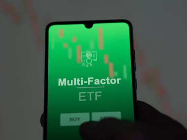 Ekrandaki çok faktörlü etf fonunu analiz eden bir yatırımcı. Bir telefon Çoklu çarpanların fiyatlarını gösterir