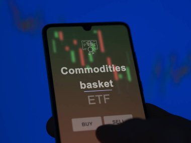 Bir yatırımcı ekranda emtia sepet fonunu analiz ediyor. Mal sepetinin fiyatlarını gösteren bir telefon