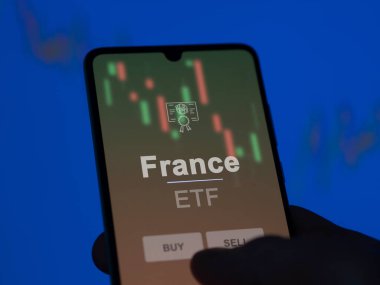 Fransa Fonu 'nu ekranda analiz eden bir yatırımcı. Fransa 'nın fiyatlarını gösteren bir telefon