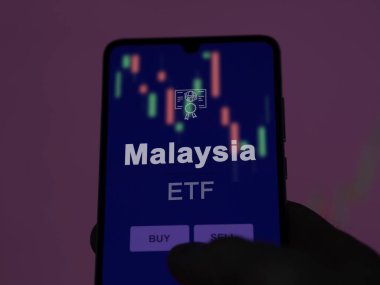 Ekrandaki Malezya Etf fonunu analiz eden bir yatırımcı. Malezya 'nın fiyatlarını gösteren bir telefon