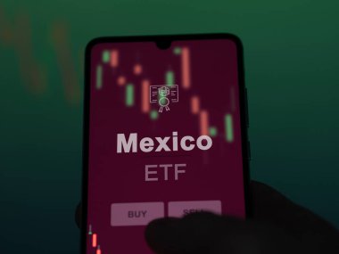 Ekranda Meksika etf fonunu analiz eden bir yatırımcı. Meksika 'nın fiyatlarını gösteren bir telefon.