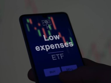 Ekrandaki düşük gider fonunu analiz eden bir yatırımcı. Bir telefon düşük giderlerin fiyatlarını gösterir