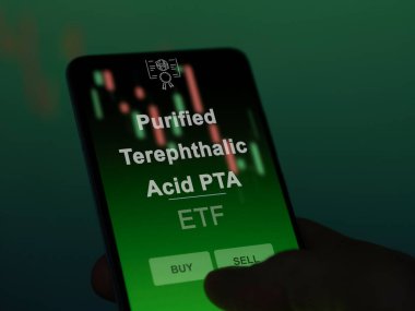 An investor analyzing the purified terephthalic acid pta etf fund on a screen. A phone shows the prices of Purified Terephthalic Acid PTA clipart