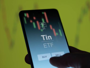 Bir yatırımcı ekrandaki kalay ETF fonunu analiz ediyor. Tin 'in fiyatlarını gösteren bir telefon.