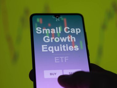 Bir yatırımcı ekrandaki küçük sermaye büyümesini analiz ediyor. Küçük Cap Büyüme Özelliklerinin fiyatlarını gösteren bir telefon