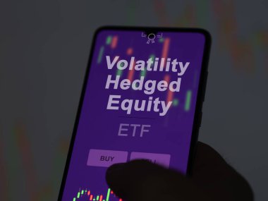 Yatırımcı, perdede sermaye koruma fonunu analiz ediyor. Bir telefon Volatility Heded Equity 'nin fiyatlarını gösterir