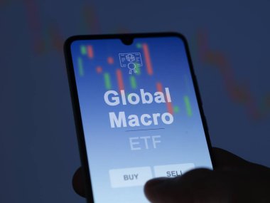 Küresel makro etf fonunu ekranda analiz eden bir yatırımcı. Global Makro 'nun fiyatlarını gösteren bir telefon
