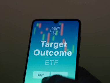 Ekranda hedef fonu analiz eden bir yatırımcı. Bir telefon Hedef Sonuçların fiyatlarını gösterir