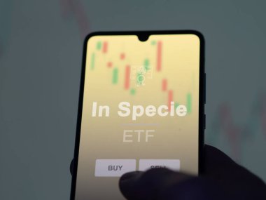 Bir yatırımcı ekrandaki spekülasyon fonunu analiz ediyor. Bir telefon In Specie 'nin fiyatlarını gösterir