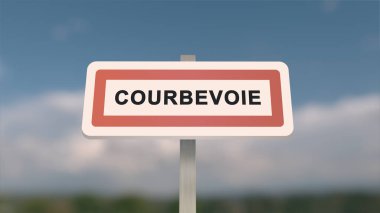 Courbevoie 'nin şehir işareti. Courbevoie 'nin girişi, Hauts-de-Seine, Fransa