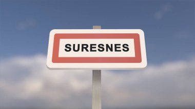 Suresnes 'in şehir işareti. Suresnes 'in girişi, Hauts-de-Seine, Fransa