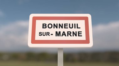 Bonneuil-sur-Marne şehir işareti. Bonneuil sur Marne 'nin girişi, Val-de-Marne, Fransa