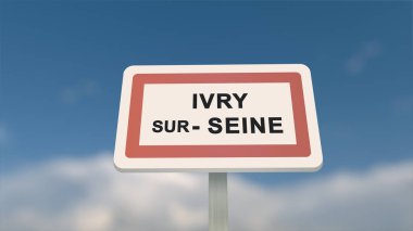 City sign of Ivry-sur-Seine. Entrance of the town of Ivry sur Seine in, Val-de-Marne, France clipart