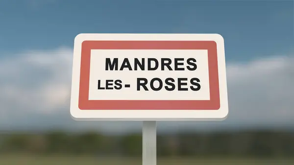 City sign of Mandres-les-Roses. Entrance of the town of Mandres les Roses in, Val-de-Marne, France
