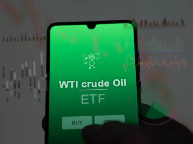 Ekrandaki ham petrol fonunu analiz eden bir yatırımcı. WTI ham petrol fiyatlarını gösteren bir telefon