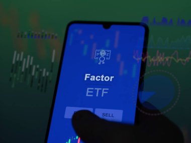 Ekranda etf fonunu analiz eden bir yatırımcı. Faktör fiyatlarını gösteren bir telefon